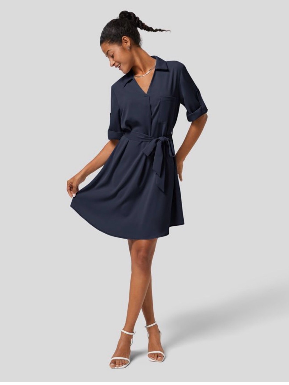Halara Roll Up Sleeve Belted Relaxed Work Shirt Dress NWT Sz Medium Patriot Blue